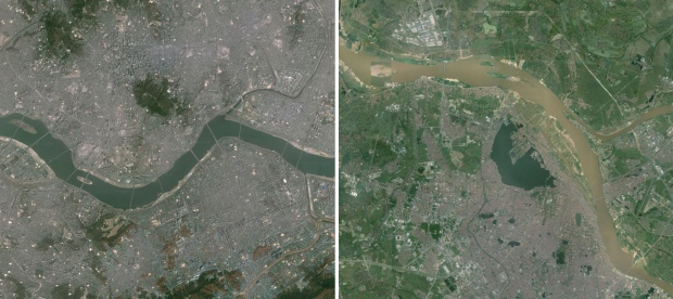 Sông Hàn chảy qua Seoul (bìa trái) và sông Hồng chảy qua Hà Nội có cùng bề rộng nhưng khác nhau về chế độ thủy văn.